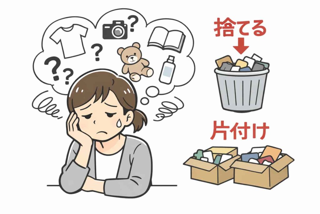 服や思い出の品などを捨てるか片付けるかで悩み、モノの要不要の判断に迷っている人のイメージイラスト