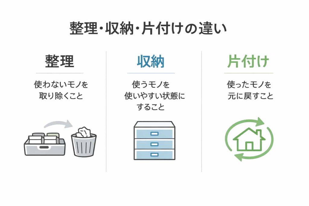 整理・収納・片付けの違いを図で解説したイメージ。整理は使わないモノを取り除くこと、収納は使いやすく収めること、片付けは元に戻すことを示している